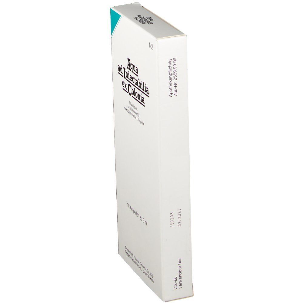 Weißer Karton mit "Aqua ad Iniectabilia ex Colonia". Aufdrucke: N2, Apothekenpflichtig, Chargen- und Verfallsdatum.