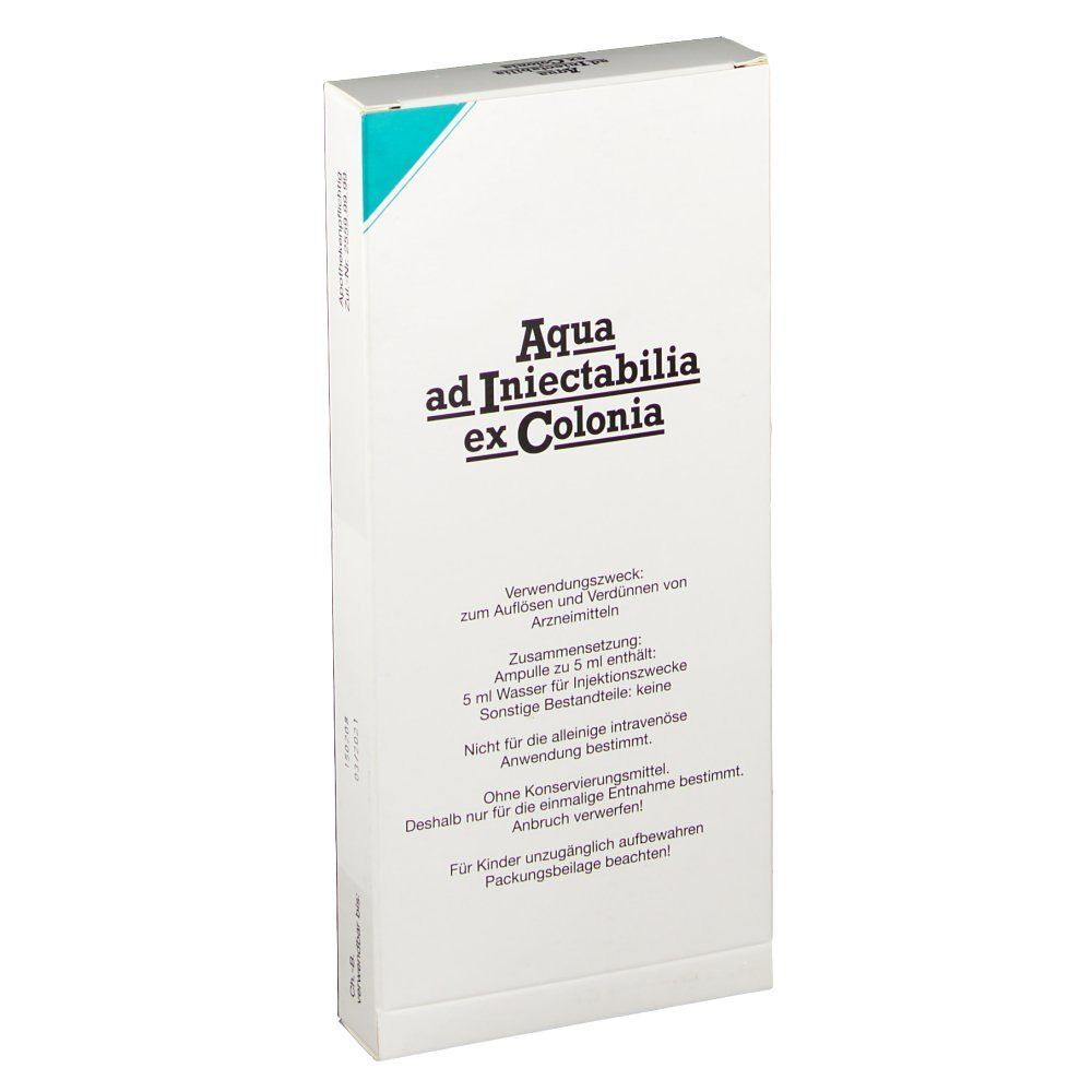 Weißer Karton mit "Aqua ad Iniectabilia ex Colonia". Text: Verwendung, Zusammensetzung, 5 ml Wasser für Injektionszwecke.