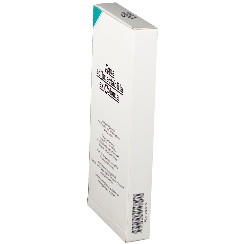 Weißer Karton mit "Aqua ad Iniectabilia ex Colonia". Aufdrucke: Verwendung, Zusammensetzung, Barcode.