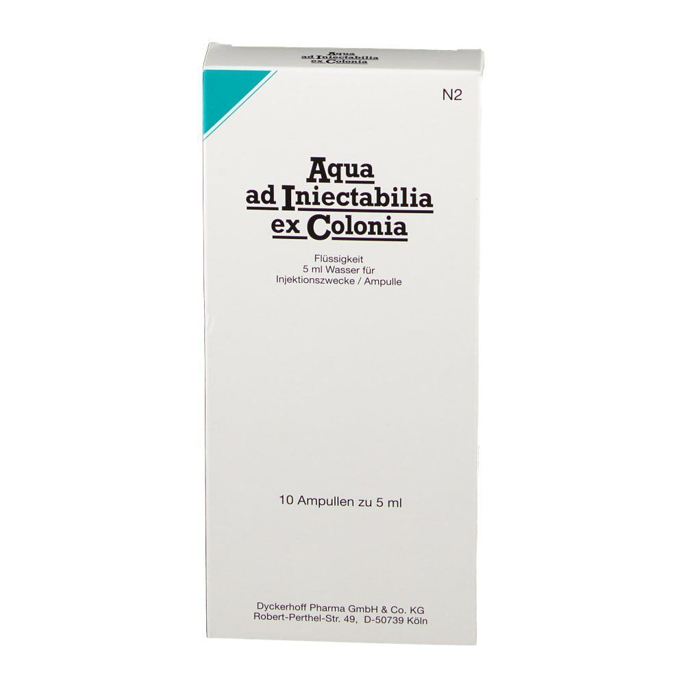 Weißer Karton mit "Aqua ad Iniectabilia ex Colonia". Text: 10 Ampullen zu 5 ml. N2.