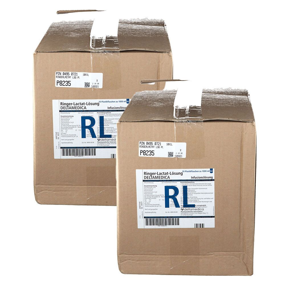 Zwei Kartons mit Ringer-Lactat-Lösung, beschriftet mit 'RL' und Produktinformationen.