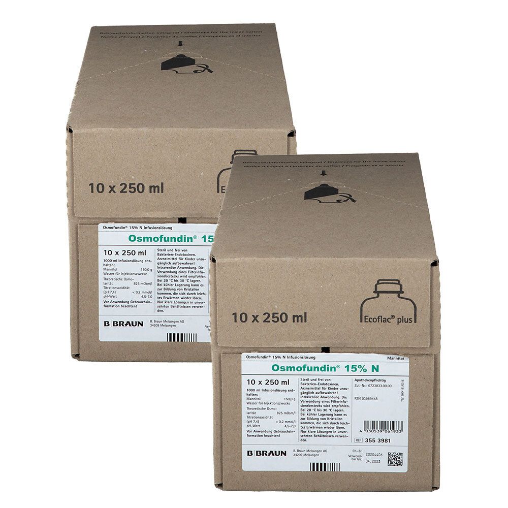 Zwei Kartons mit je 10 x 250 ml Osmofundin® 15% N Ecoflac® plus von B. Braun.
