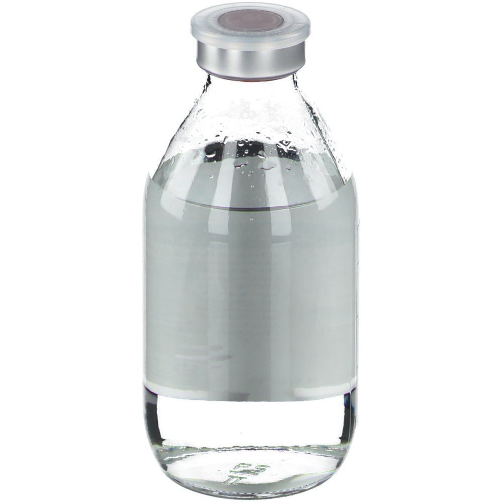 Glasflasche mit Flüssigkeit. Etikett mit Produktinformationen. Verschluss mit Metallkappe. Aufschrift nicht lesbar.