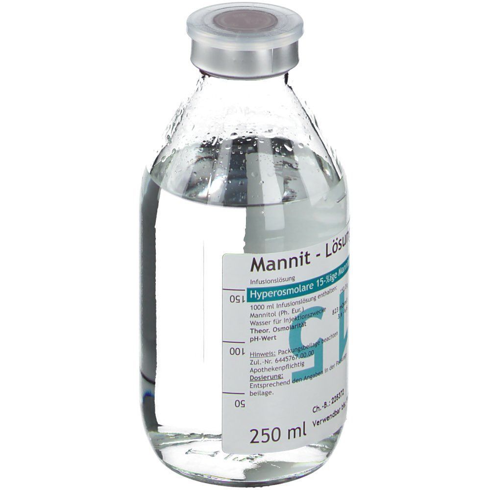 Glasflasche mit Flüssigkeit. Etikett mit Produktinformationen. Verschluss mit Metallkappe. Aufschrift: Mannit-Lösung 15%. Volumen: 250 ml.