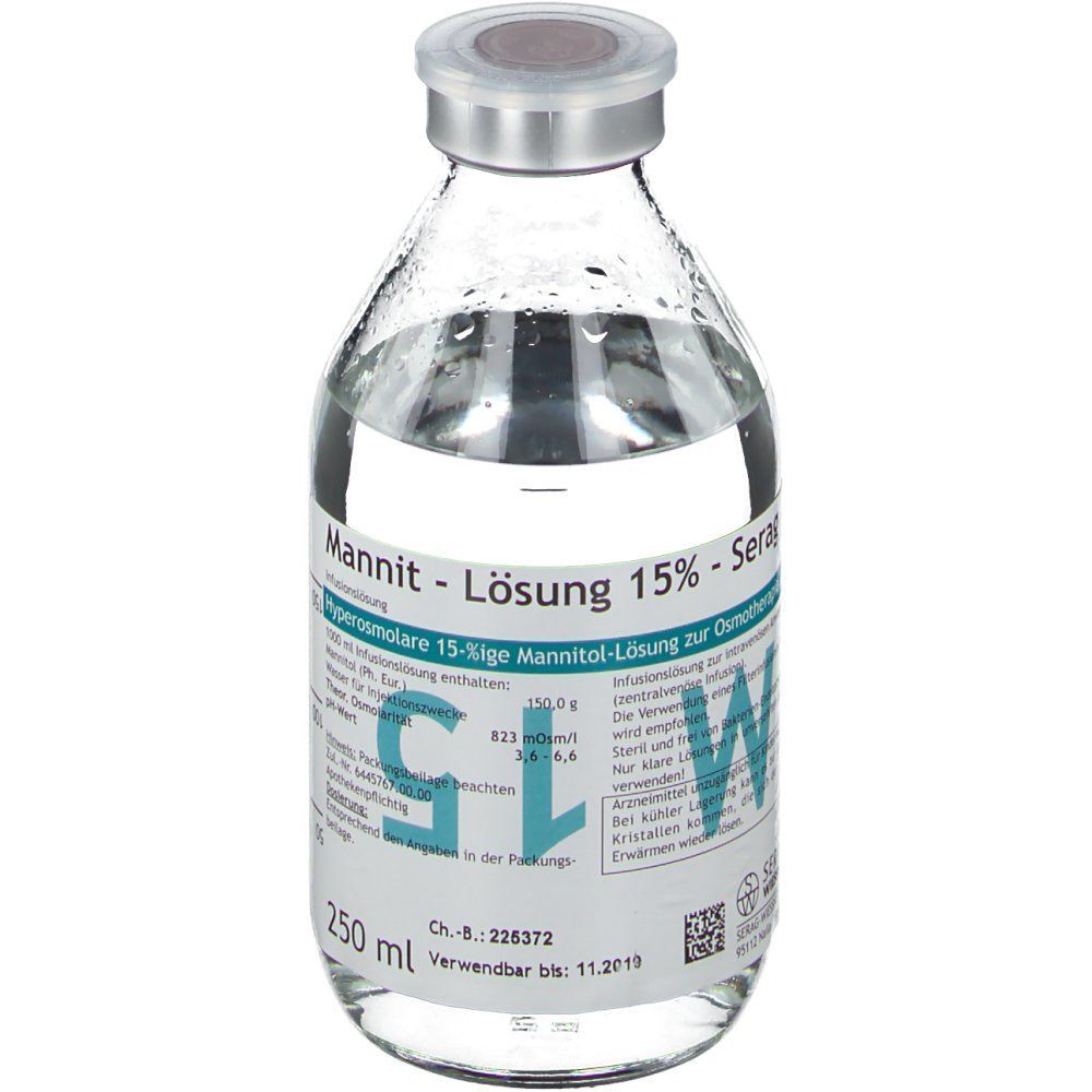 Glasflasche mit Flüssigkeit. Etikett mit Produktinformationen. Verschluss mit Metallkappe. Aufschrift: Mannit-Lösung 15%. Volumen: 250 ml.