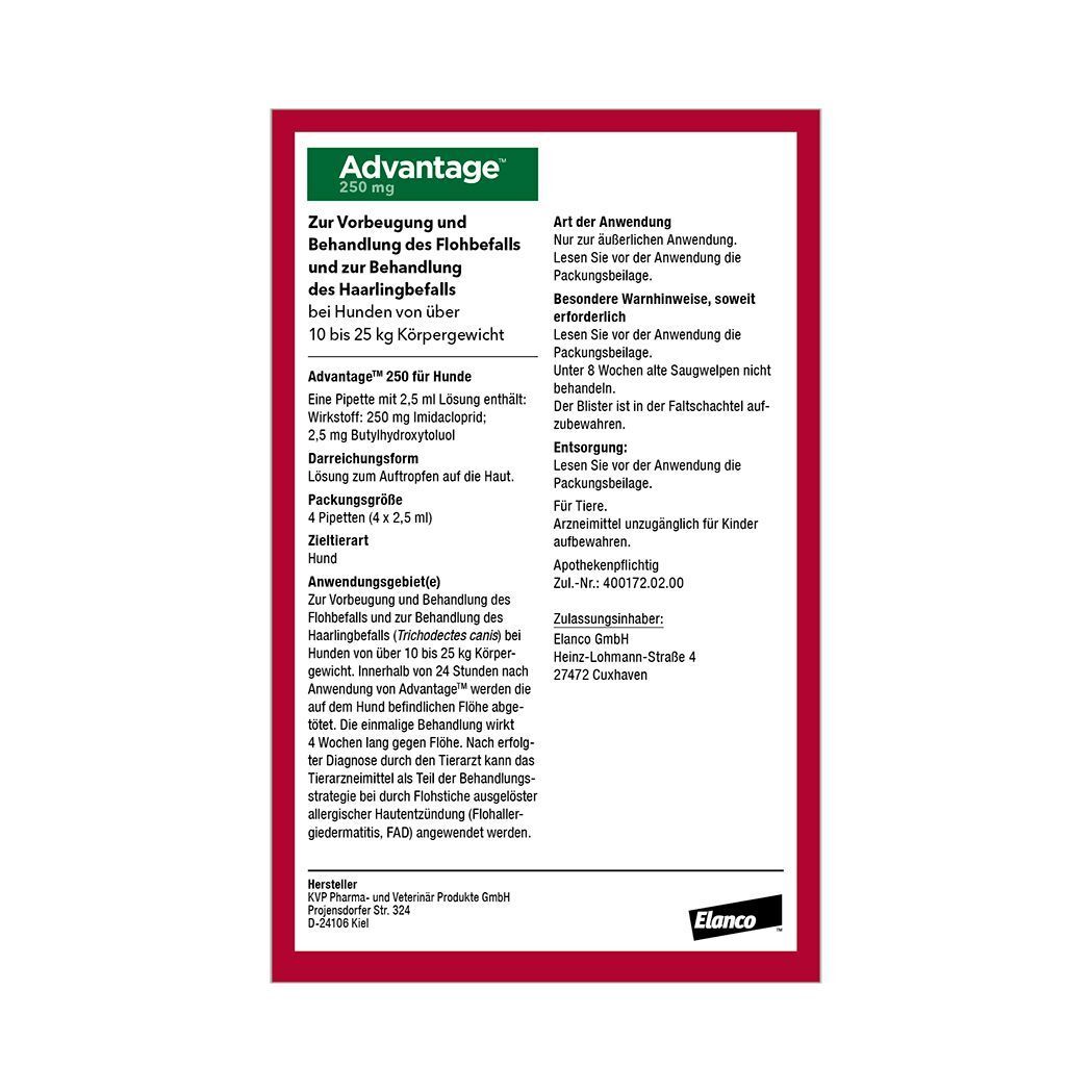 Rückseite der Advantage-Verpackung. Informationen zu Anwendung, Inhaltsstoffen und Hersteller. Text in deutscher Sprache.