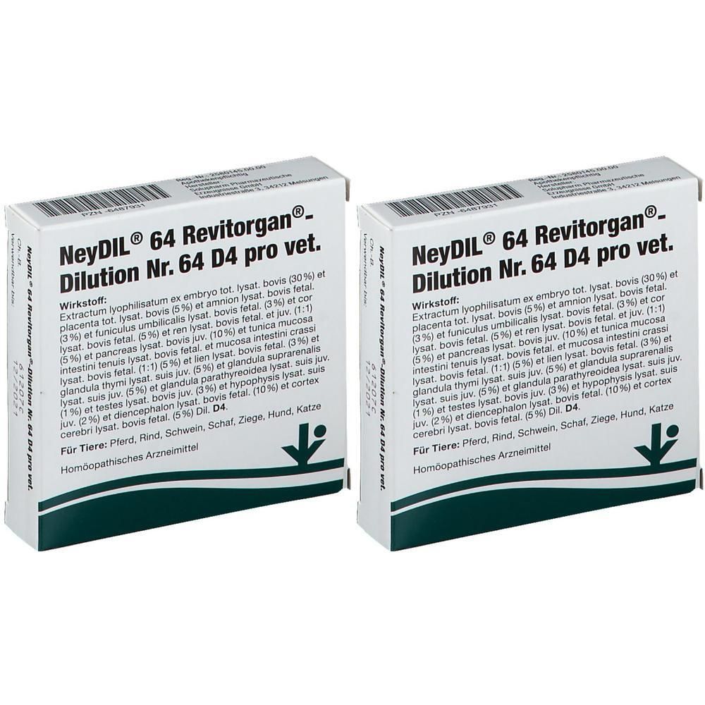 Zwei weiße Kartons mit blauer Schrift. Aufschrift: NeyDil® 64 Revitorgan® Dilution Nr. 64 D4 pro vet. Homöopathisches Arzneimittel.