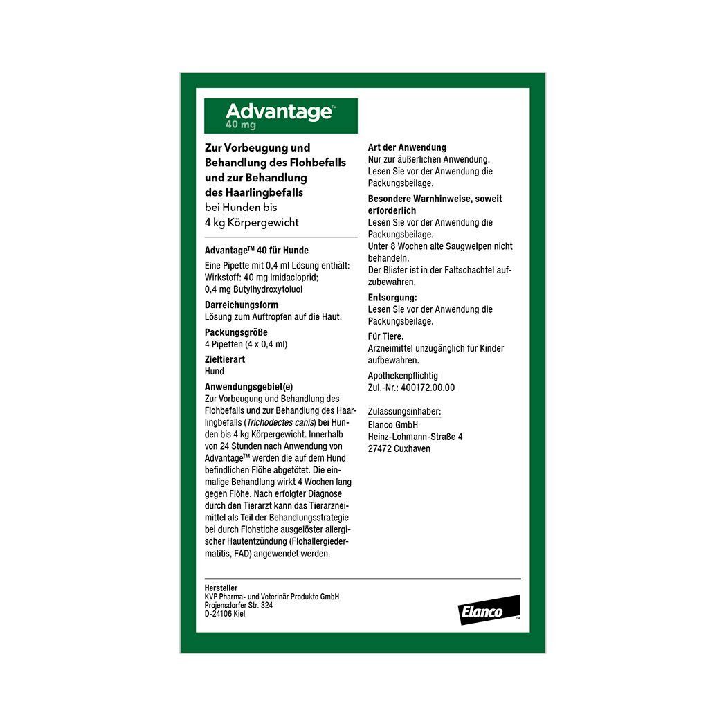 Grüne Produktinformationen. Text: Anwendung, Inhaltsstoffe, Dosierung, Hersteller. Elanco Logo.