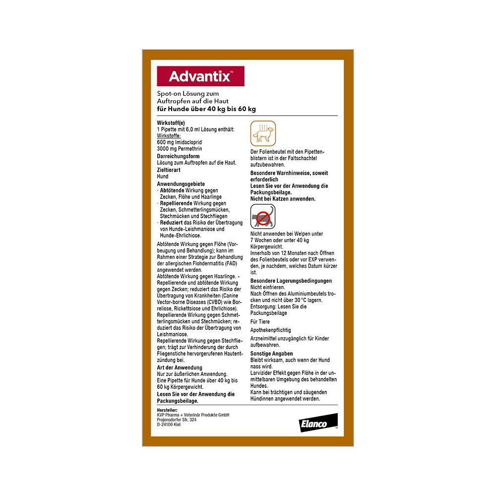 Produktinformationen auf braunem Hintergrund. Text: Advantix, Spot-on zur Anwendung auf der Haut. Für Hunde über 40 bis 60 kg. Enthält Wirkstoffe.