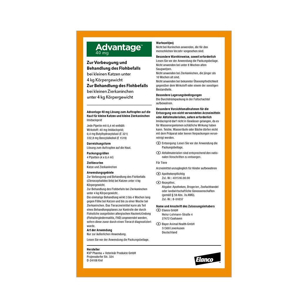 Rückseite der Advantage-Verpackung. Text in deutscher Sprache. Informationen zur Anwendung und Inhaltsstoffen.