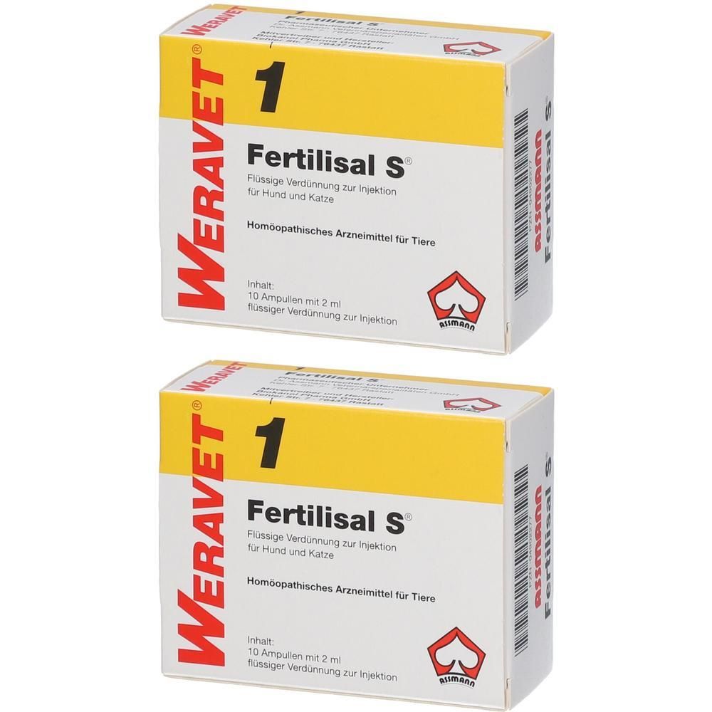 Zwei Kartons mit gelber und weißer Aufschrift. Aufschrift: Weravet, 1, Fertilisal S, Flüssige Verdünnung zur Injektion. Homöopathisches Arzneimittel.