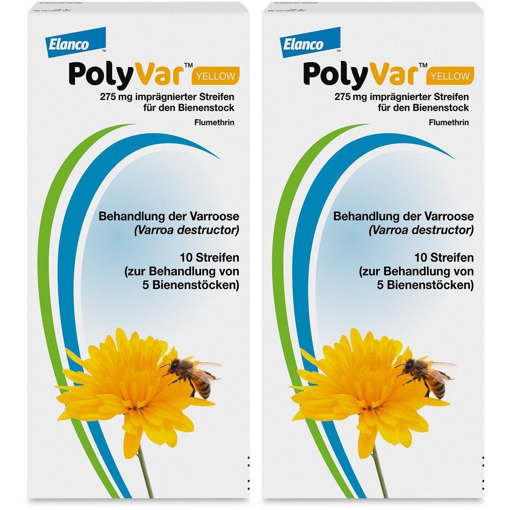 Zwei Packungen POLYVAR Yellow, 275 mg imprägnierte Streifen für den Bienenstock. Gelbe Blüten, Bienen und Elanco Logo.