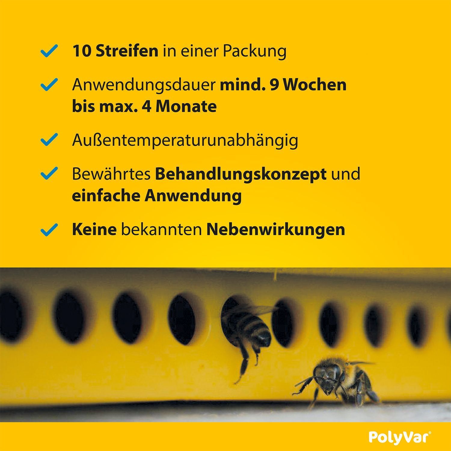 Grafik: 10 Streifen pro Packung. Anwendungsdauer mind. 9 Wochen bis max. 4 Monate. Keine Nebenwirkungen. Polyvar Logo.