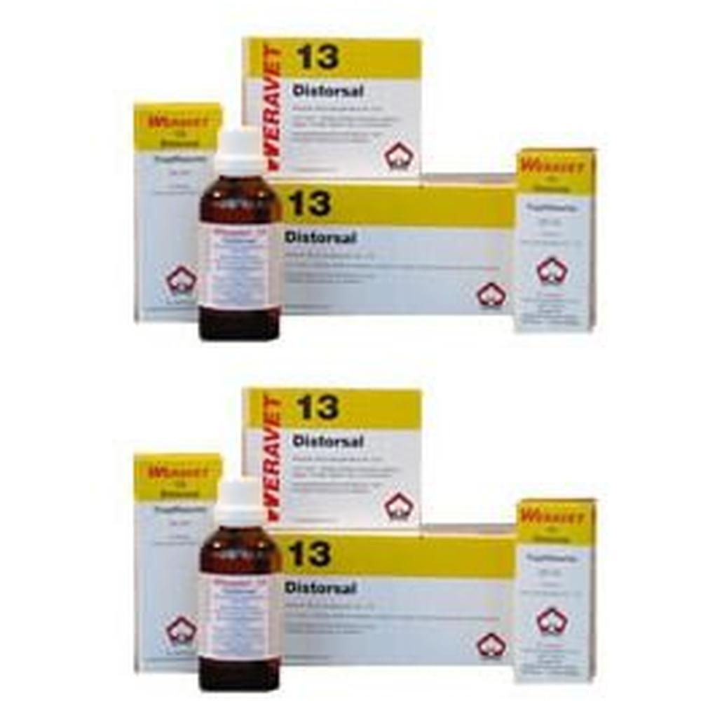 Zwei Flaschen und Verpackungen von DISTORSAL 13 Tropfen vet. Flaschen mit brauner Flüssigkeit. Gelbe und weiße Verpackungen mit Produktnamen.