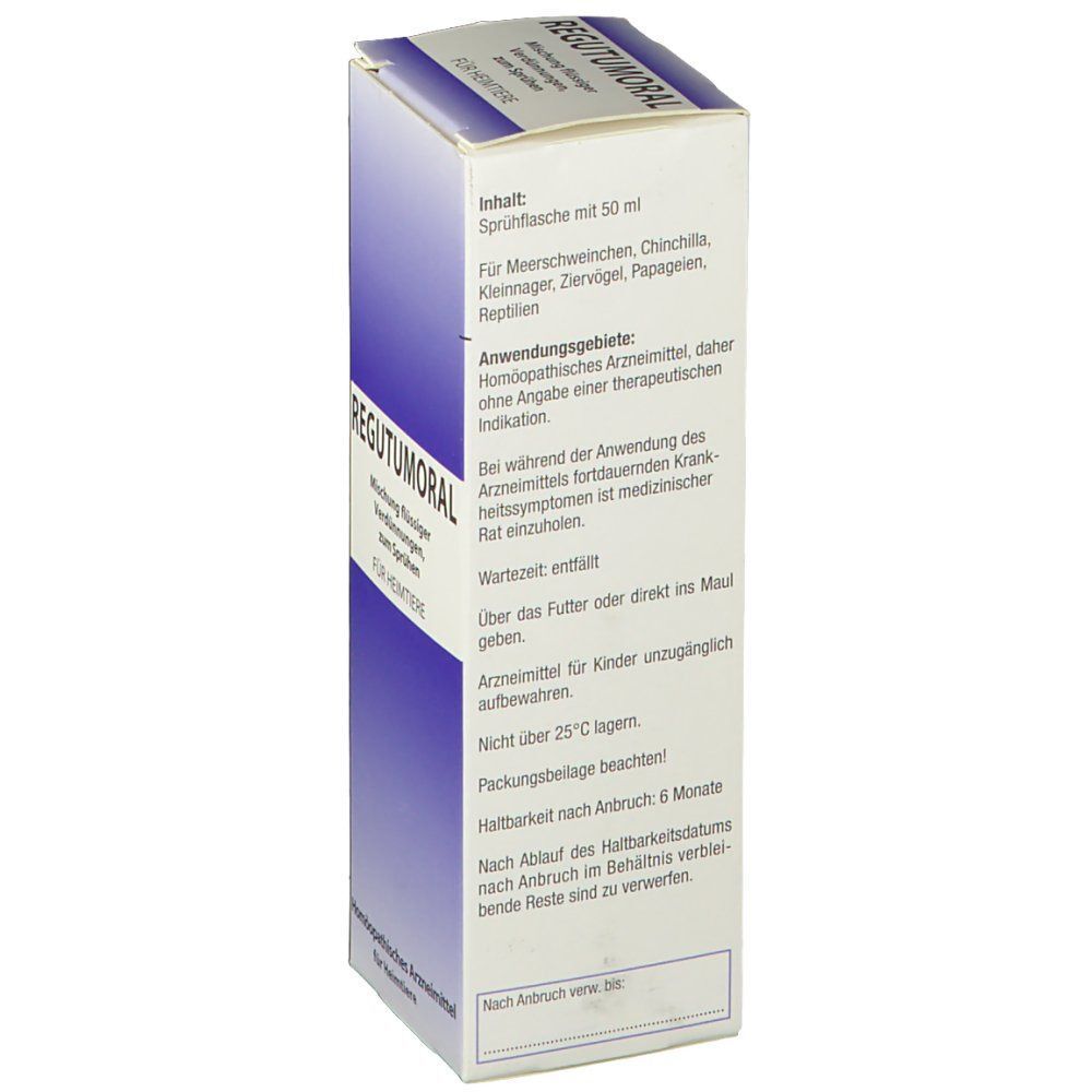 REGUTUMORAL-Karton. Weiße Verpackung mit lila Farbverlauf. Text mit Informationen zum Inhalt und zur Anwendung.