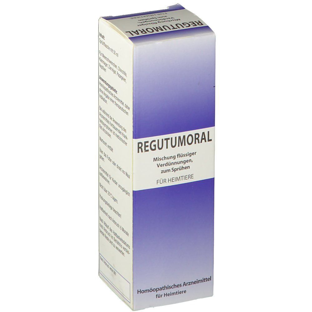 REGUTUMORAL-Karton. Weiße Verpackung mit lila Farbverlauf. Schriftzug REGUTUMORAL und weitere Informationen.