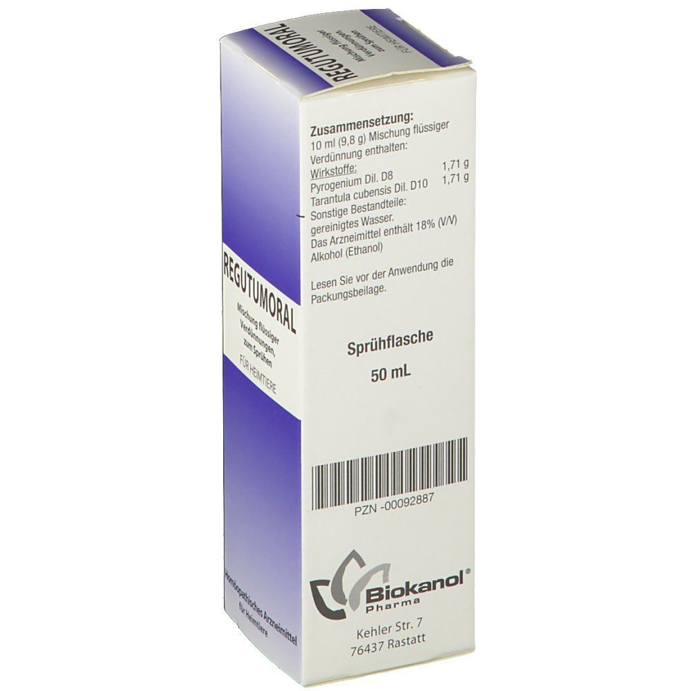 REGUTUMORAL-Karton. Weiße Verpackung mit lila Farbverlauf. Enthält Informationen zur Zusammensetzung und Hersteller.