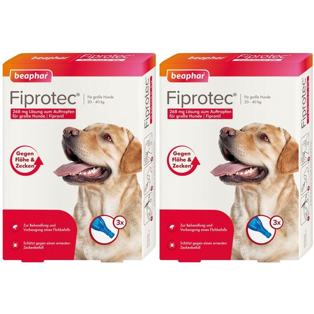 Zwei Kartons mit Fiprotec. Aufdruck: beaphar, Fiprotec, gegen Flöhe & Zecken. Abbildung eines Hundes. Enthält 3 Applikatoren.