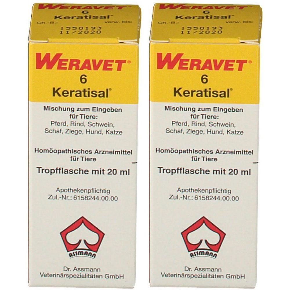 Zwei gelbe Kartons. Aufdruck: Weravet 6 Keratisal, Tropfflasche mit 20 ml. Für Tiere. Apothekenpflichtig.