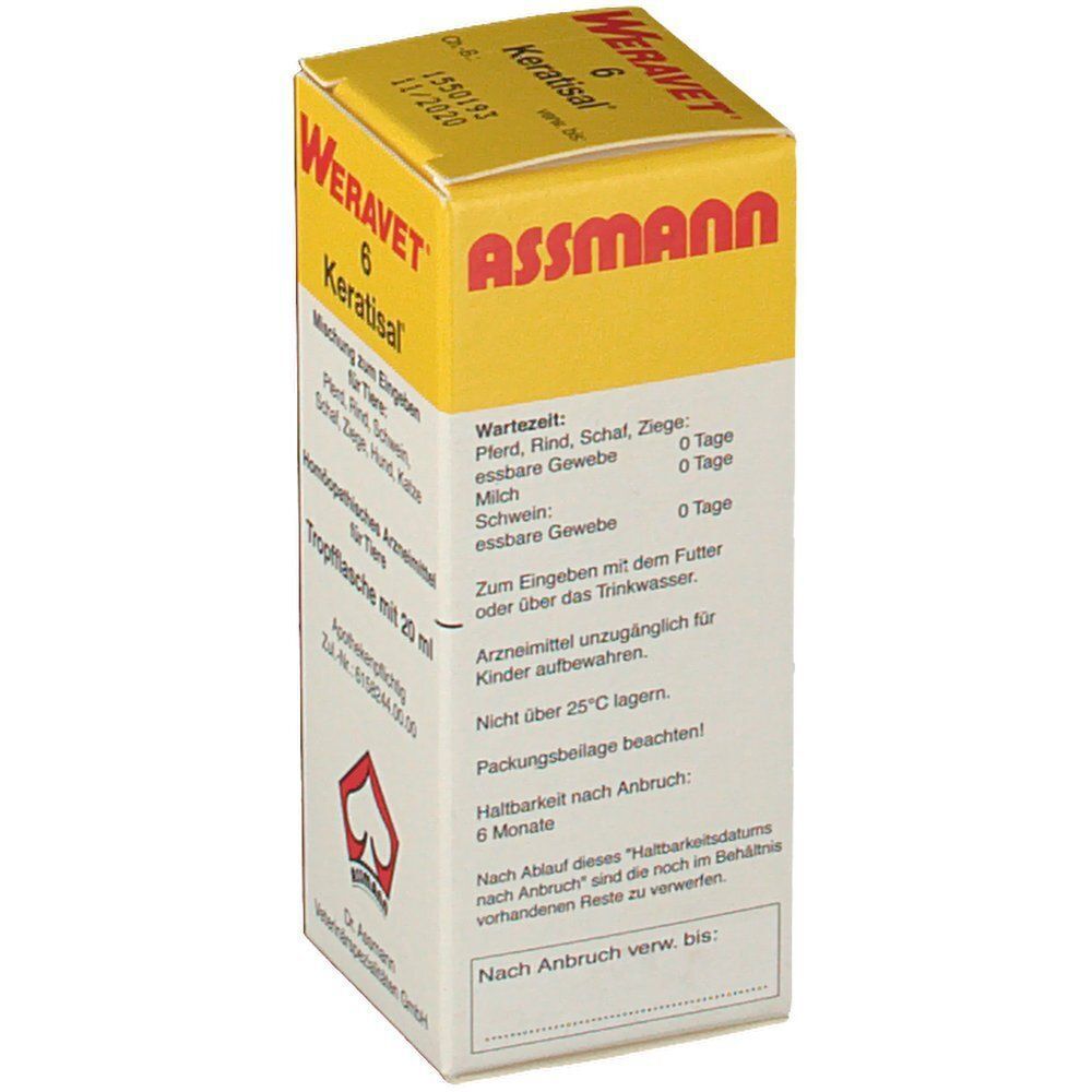 Gelber Karton. Aufdruck: Weravet 6 Keratisal, Tropfflasche mit 20 ml. Für Tiere. Informationen zur Anwendung und Haltbarkeit.