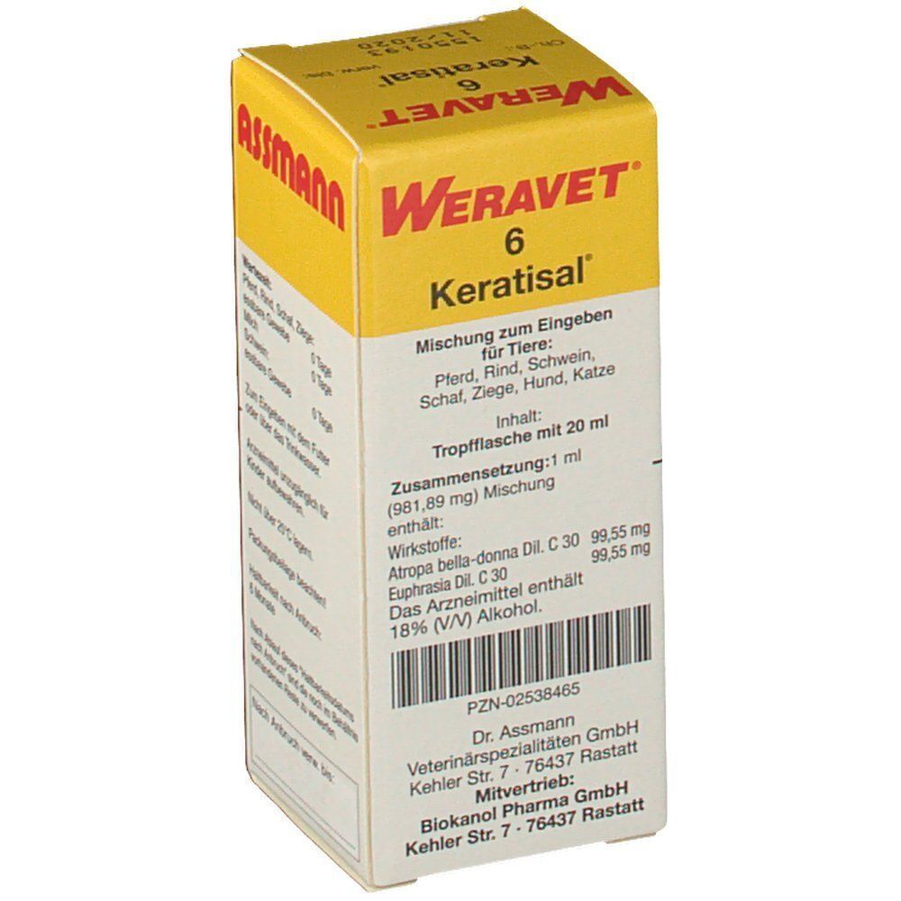 Gelber Karton. Aufdruck: Weravet 6 Keratisal, Tropfflasche mit 20 ml. Für Tiere. Inhaltsstoffe und Zusammensetzung.