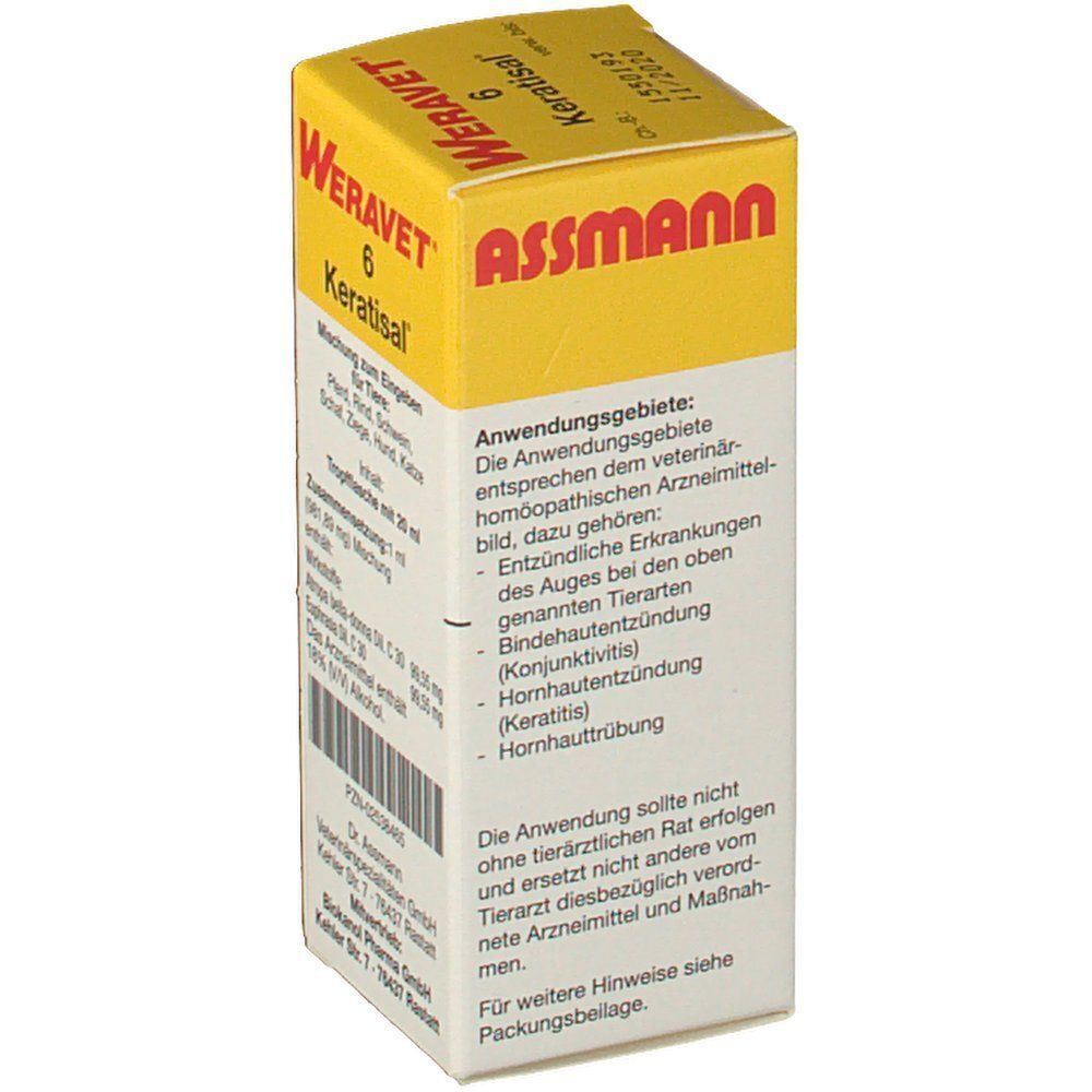Gelber Karton. Aufdruck: Weravet 6 Keratisal, Tropfflasche mit 20 ml. Für Tiere. Anwendungsgebiete und Warnhinweise.