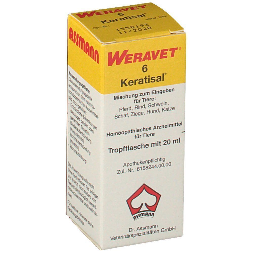 Gelber Karton. Aufdruck: Weravet 6 Keratisal, Tropfflasche mit 20 ml. Für Tiere. Apothekenpflichtig.