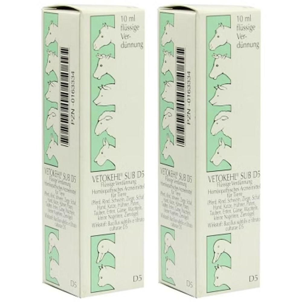 Zwei weiße Kartons mit grünen Illustrationen von Tierköpfen. Aufschrift: VETOKEHL SUB D5, 10 ml flüssige Verdünnung. PZN-0163334.