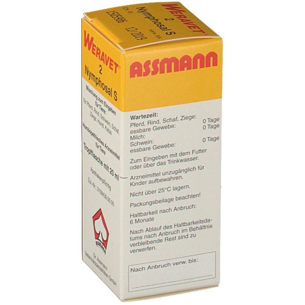 Gelb-weißer Karton. Aufschrift: WERAVET 2 Nymphosal S. Mischung für Tiere. Tropfflasche mit 20 ml. Text: Wartezeit. Logo: Assmann.