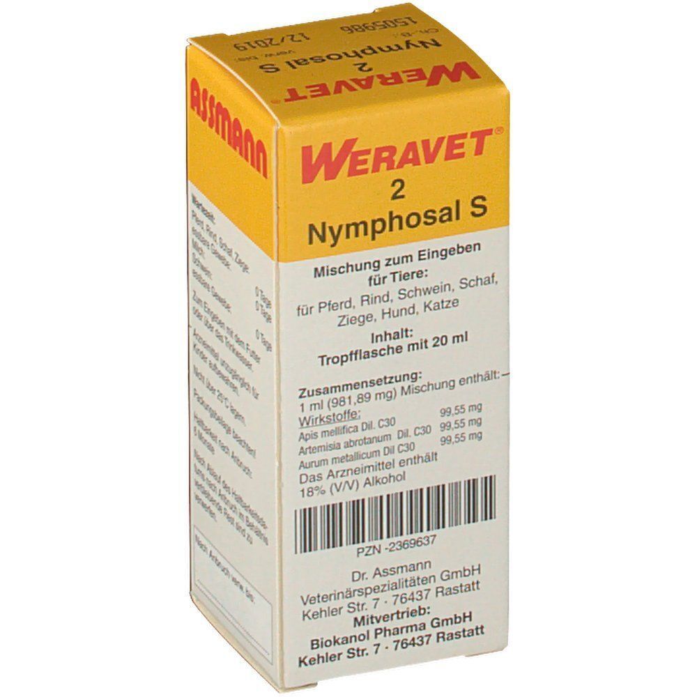 Gelb-weißer Karton. Aufschrift: WERAVET 2 Nymphosal S. Mischung für Tiere. Tropfflasche mit 20 ml. Zusammensetzung. Logo: Assmann.