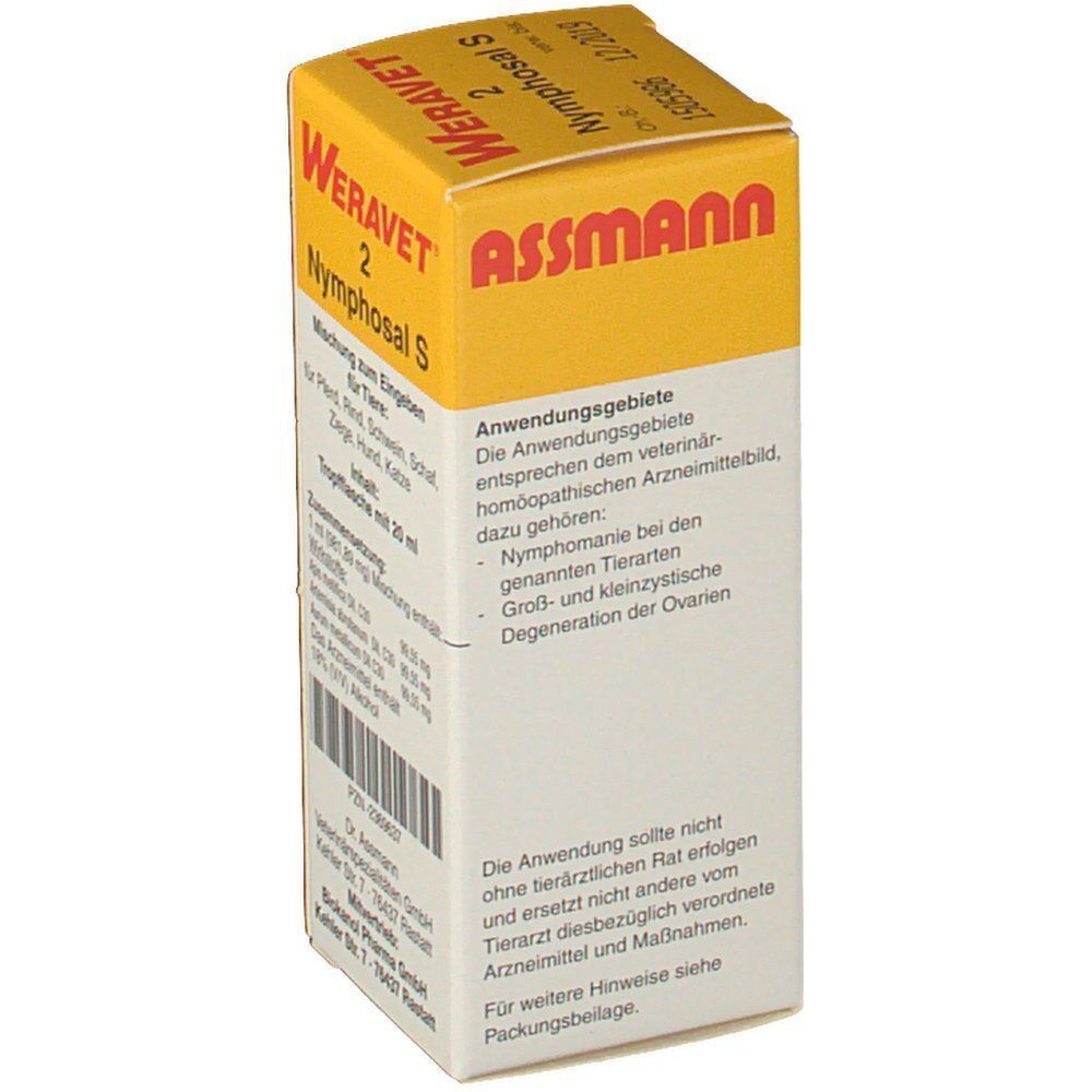 Gelb-weißer Karton. Aufschrift: WERAVET 2 Nymphosal S. Mischung für Tiere. Tropfflasche mit 20 ml. Anwendungsgebiete. Logo: Assmann.