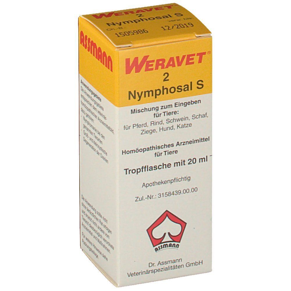 Gelb-weißer Karton. Aufschrift: WERAVET 2 Nymphosal S. Mischung für Tiere. Tropfflasche mit 20 ml. Logo: Assmann.