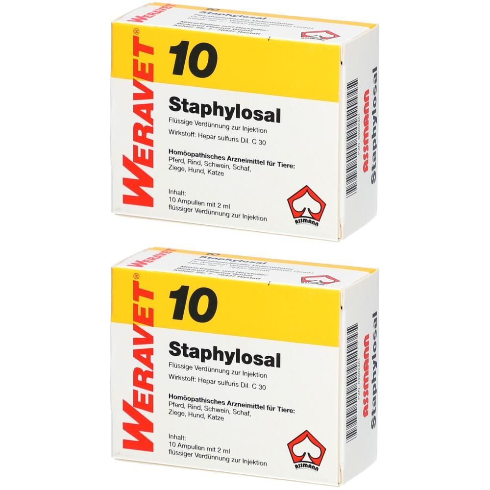Zwei Kartons mit Produktaufdruck. Aufschrift: WERAVET, 10, Staphylosal. Homöopathisches Arzneimittel für Tiere. Inhalt: 10 Ampullen.