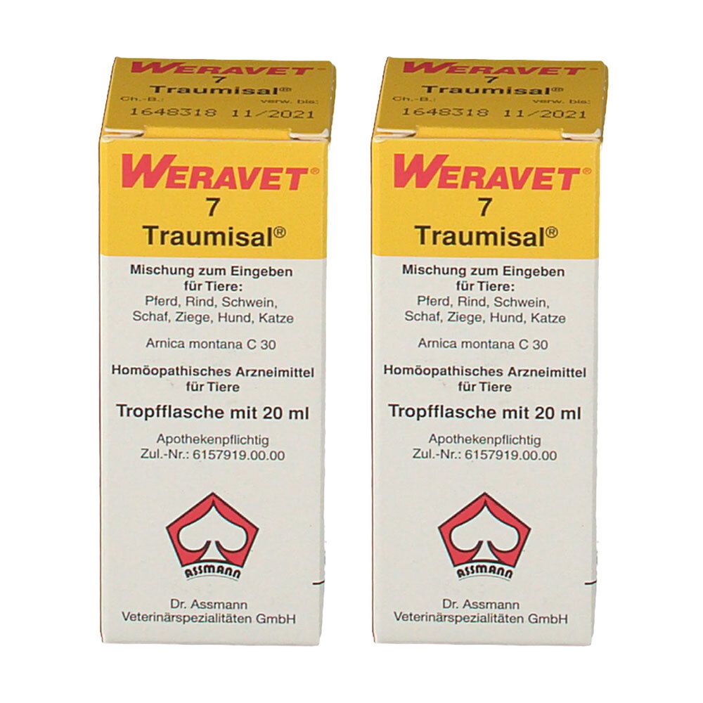 Zwei Schachteln Weravet 7 Traumisal, homöopathisches Arzneimittel für Tiere, je 20 ml Tropfflasche.