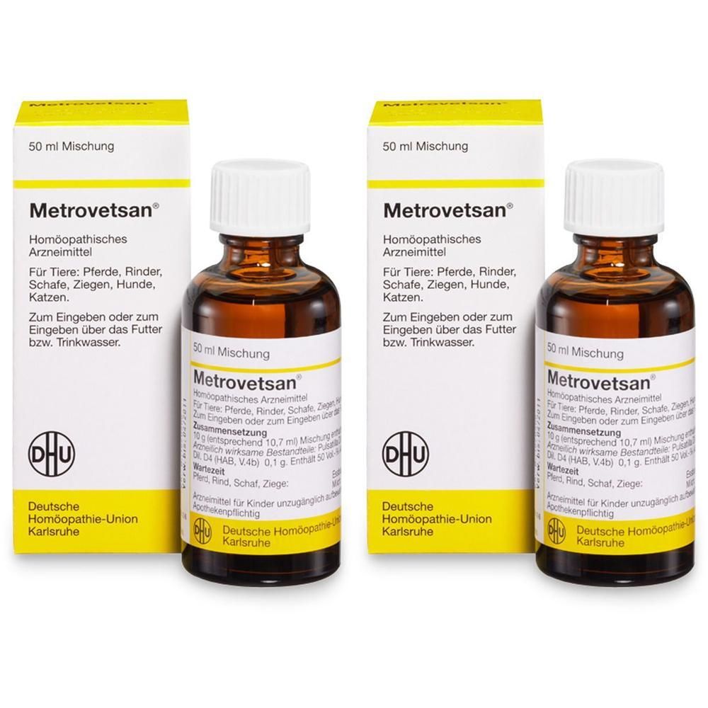 Zwei Flaschen und zwei Kartons METROVETSAN. Braune Glasflaschen mit weißem Verschluss. Gelbe Kartons mit Produktinformationen und DHU-Logo.
