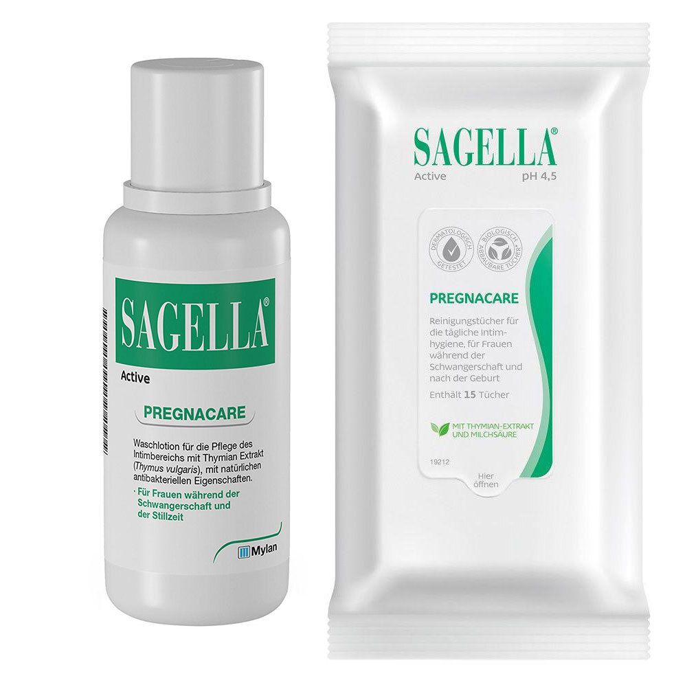 SAGELLA Active Pregnacare Waschflüssigkeit und Reinigungstücher für Frauen.
