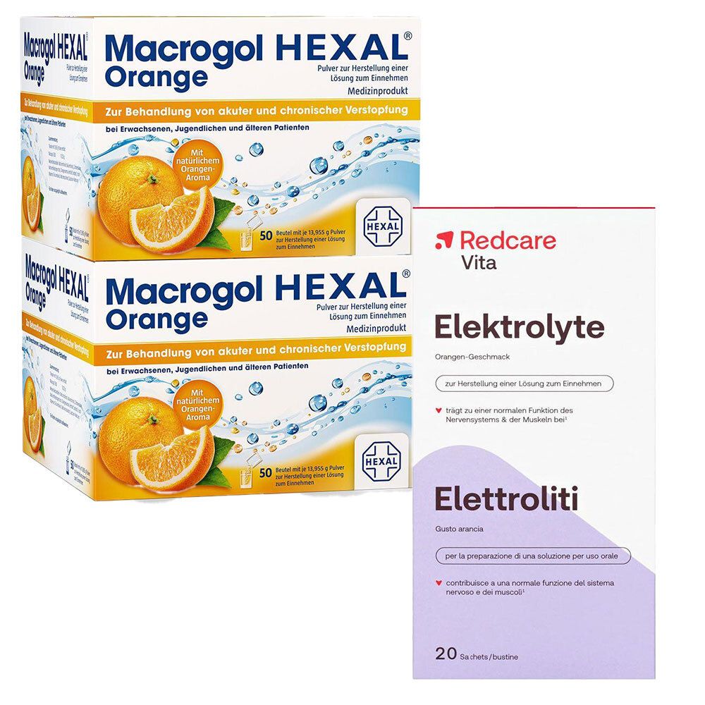 Macrogol Hexal Orange Plv.z.Her.e.Lsg.z.Einn.Btl. & Redcare Elektrolyte Plv.z.Her.e.Lsg.z. 1 St Set