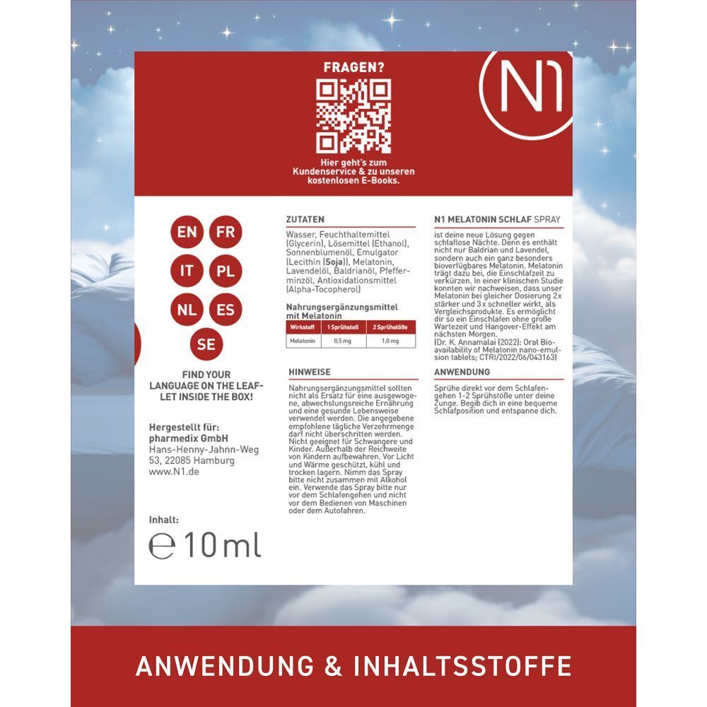 Rückseite der N1 Melatonin Schlaf Spray Verpackung mit Anwendungshinweisen und Inhaltsstoffen.