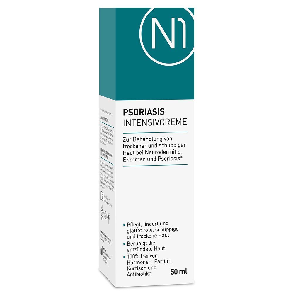 Produktverpackung. Aufschrift: Psoriasis Intensivcreme. Zur Behandlung von trockener und schuppiger Haut. 100% frei von Hormonen.