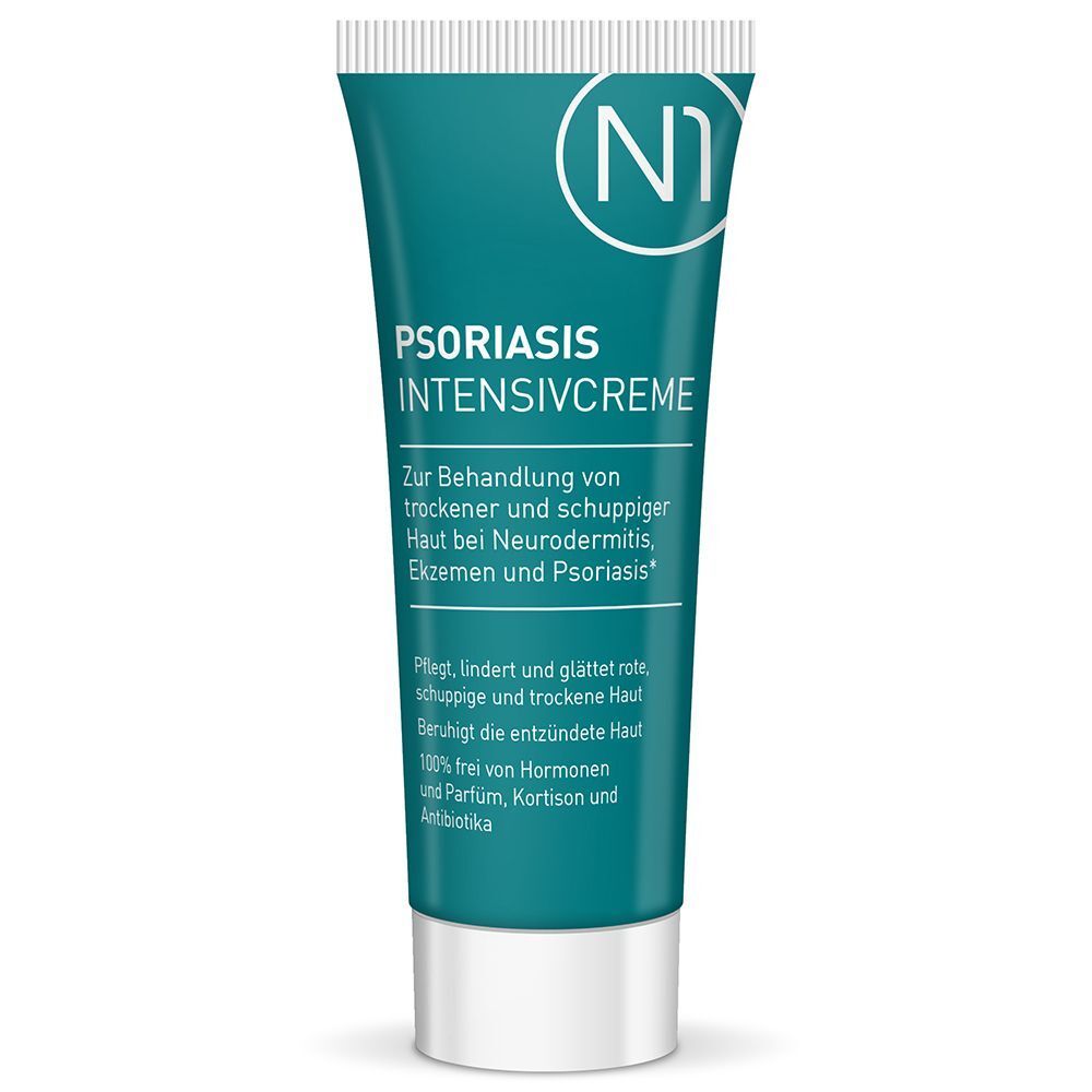 Tube mit Aufschrift: Psoriasis Intensivcreme. Zur Behandlung von trockener und schuppiger Haut. 100% frei von Hormonen, Parfum, Kortison und Antibiotika.