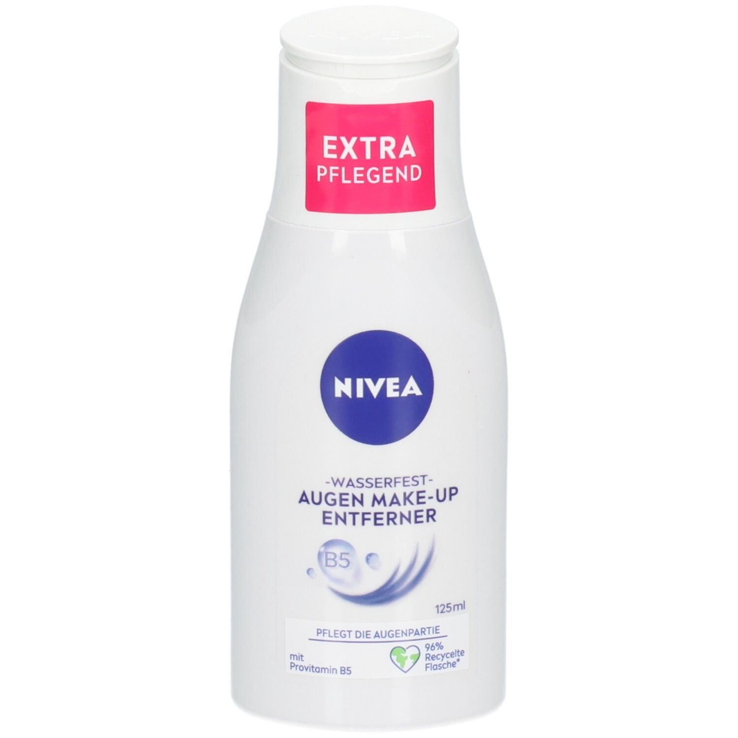 Weiße Flasche NIVEA Wasserfester Augen Make-Up Entferner, 125ml, mit Provitamin B5.