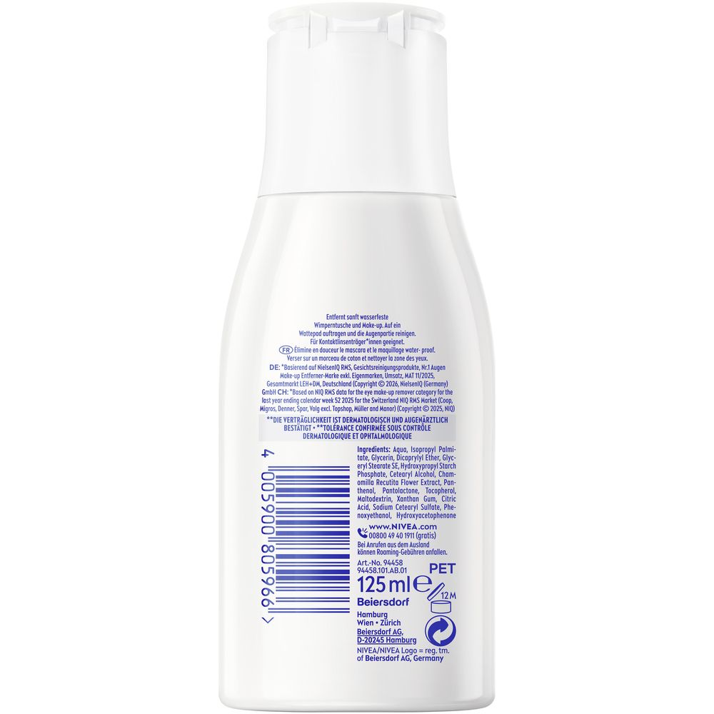 Rückseite einer weißen Flasche NIVEA Augen Make-Up Entferner mit Inhaltsstoffen und Barcode.
