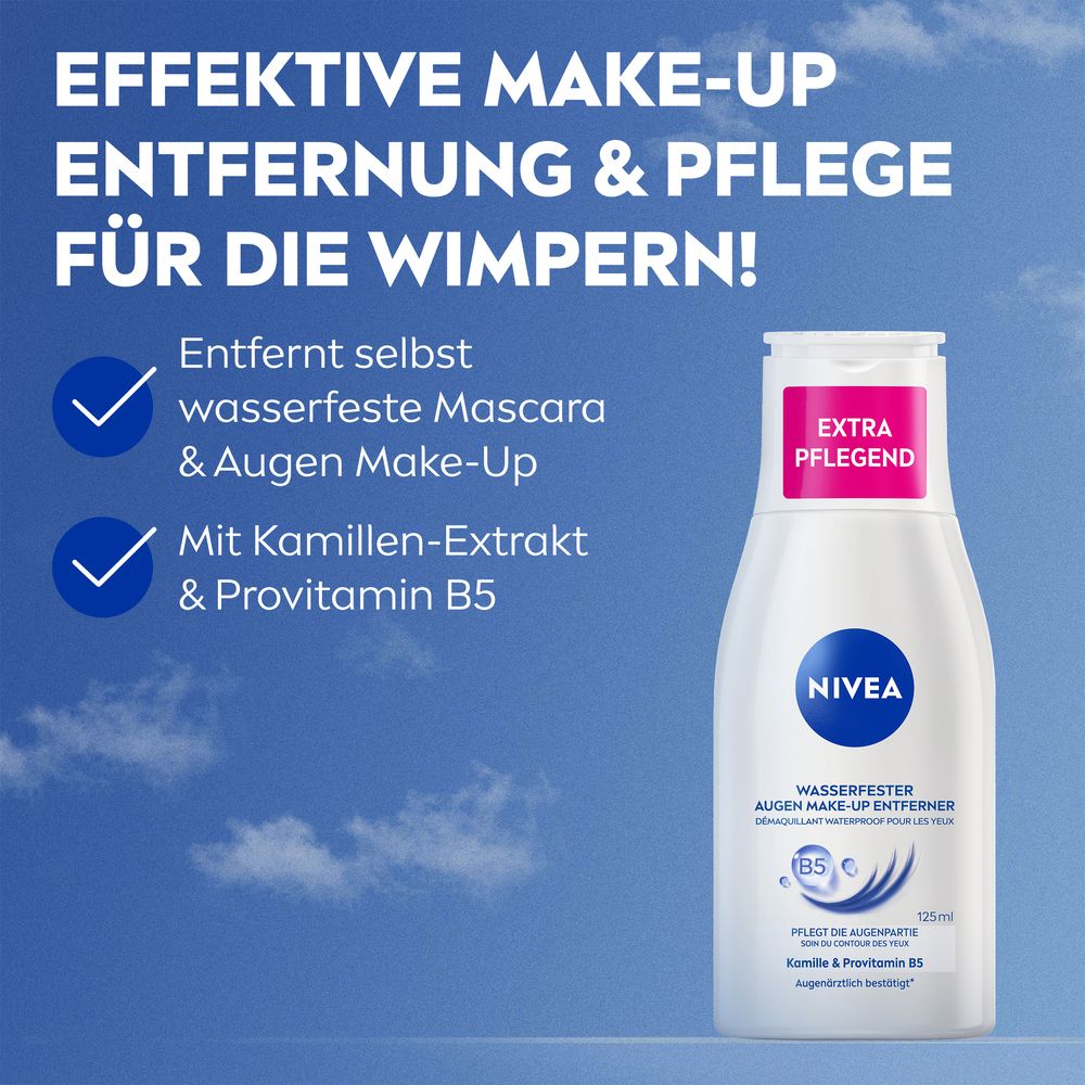 NIVEA Augen Make-Up Entferner Flasche neben Text über effektive Make-Up Entfernung und Pflege.