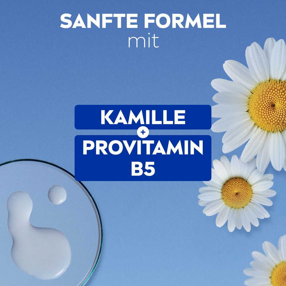 Kamilleblüten und ein Tropfen Flüssigkeit neben Text über Kamille und Provitamin B5.