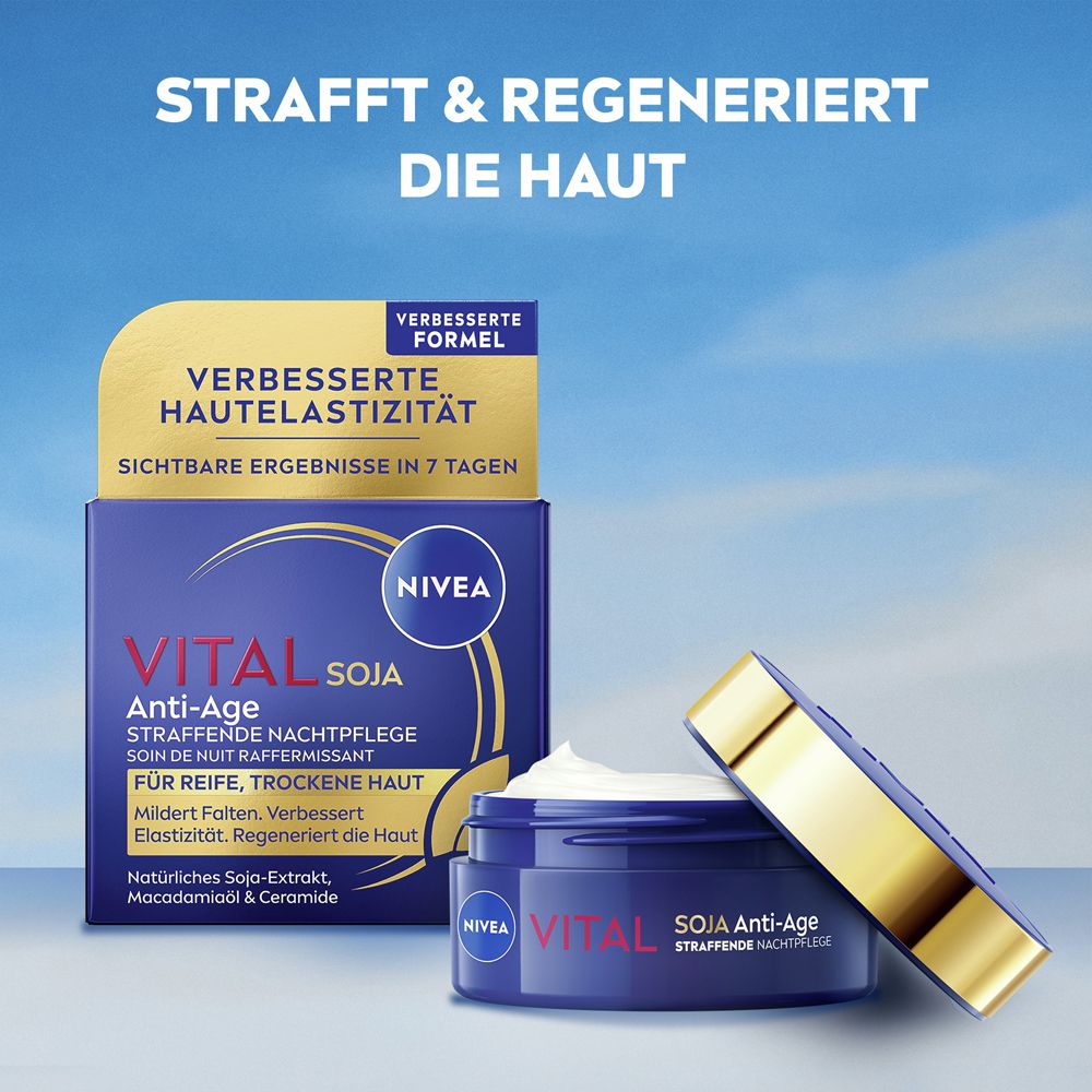 NIVEA VITAL SOJA Anti-Age Straffende Nachtpflege Tiegel neben der Verpackung.