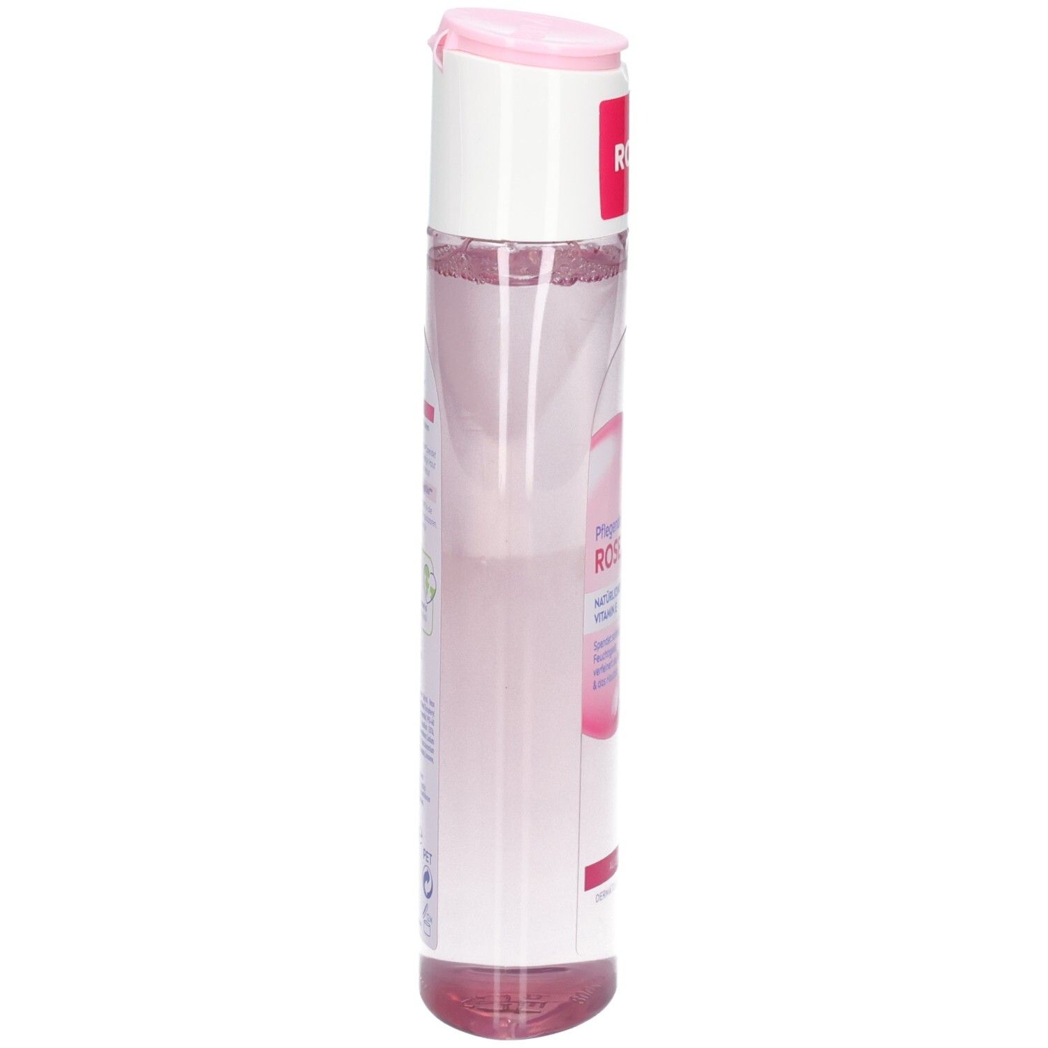 Seitenansicht der NIVEA Pflegender Toner Rose Flasche mit rosa Flüssigkeit.