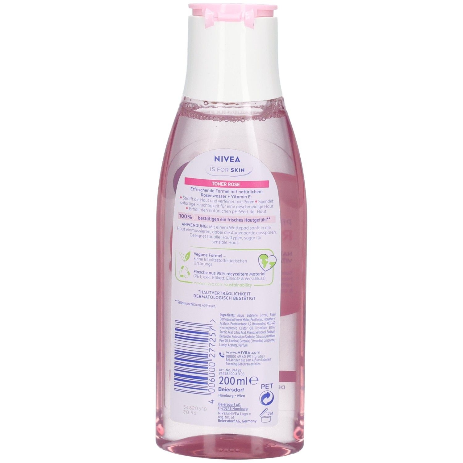 Rückseite der NIVEA Pflegender Toner Rose Flasche mit Produktinformationen und Barcode.