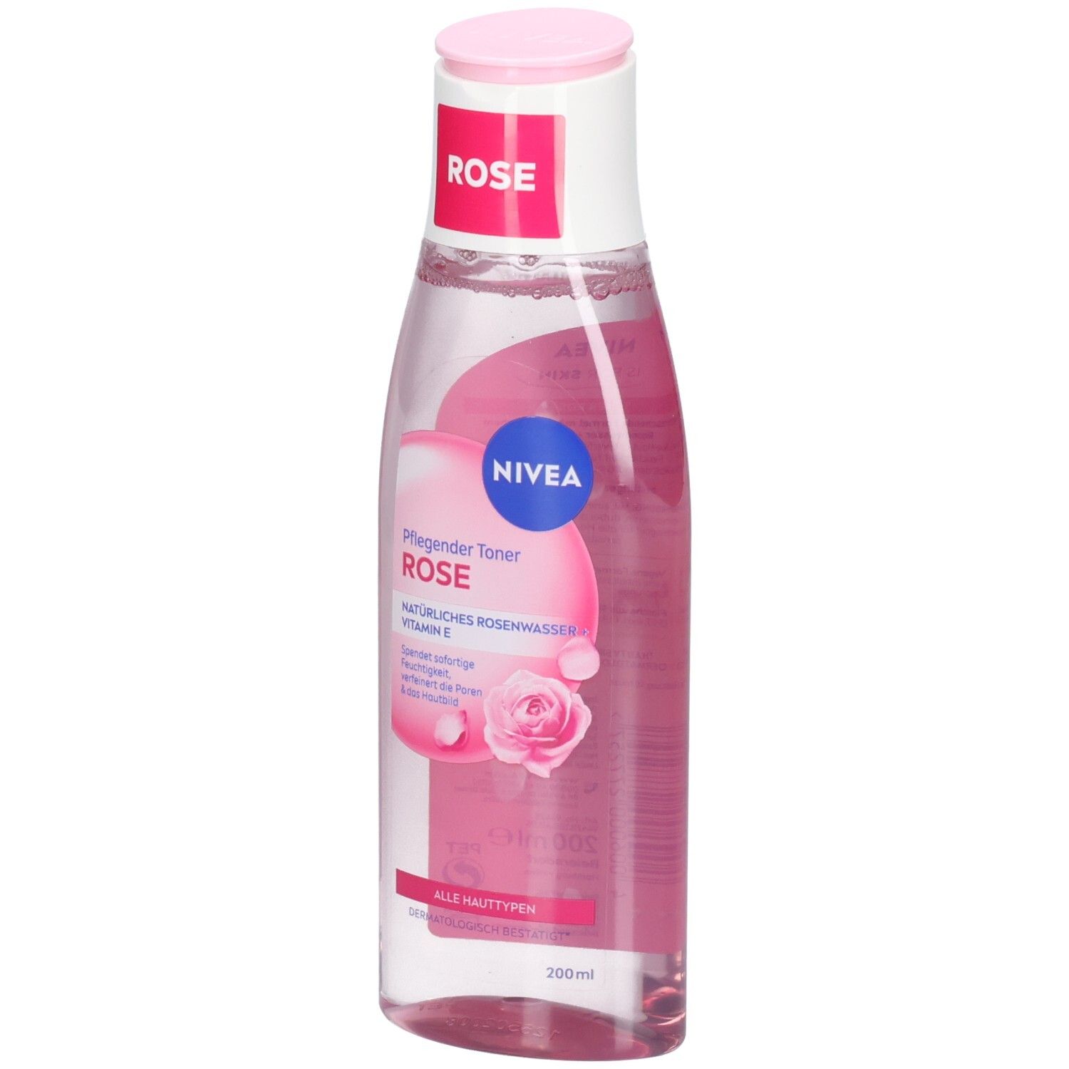 NIVEA Pflegender Toner Rose in klarer Flasche mit rosa Flüssigkeit und weißem Klappdeckel.