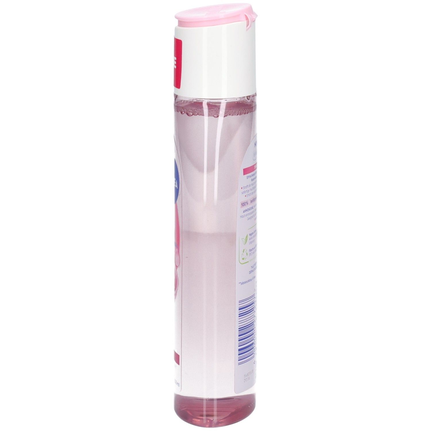 Seitenansicht der NIVEA Pflegender Toner Rose Flasche mit rosa Flüssigkeit.