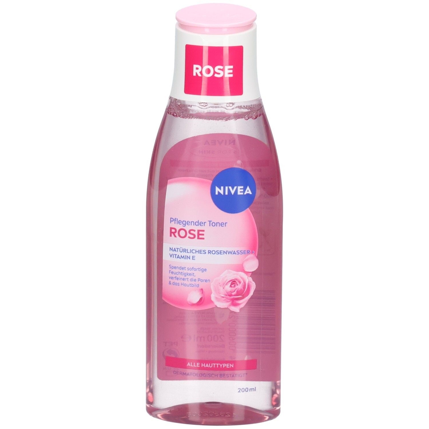 NIVEA Pflegender Toner Rose in klarer Flasche mit rosa Flüssigkeit und weißem Klappdeckel.